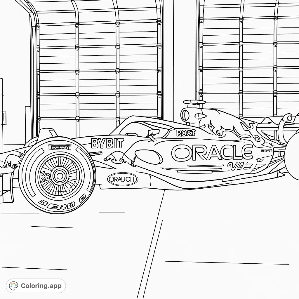 Stunning F1 racing car coloring page, perfect for motor enthusiasts. Detailed aerodynamic design and sponsor graphics offer an exciting challenge for all ages.