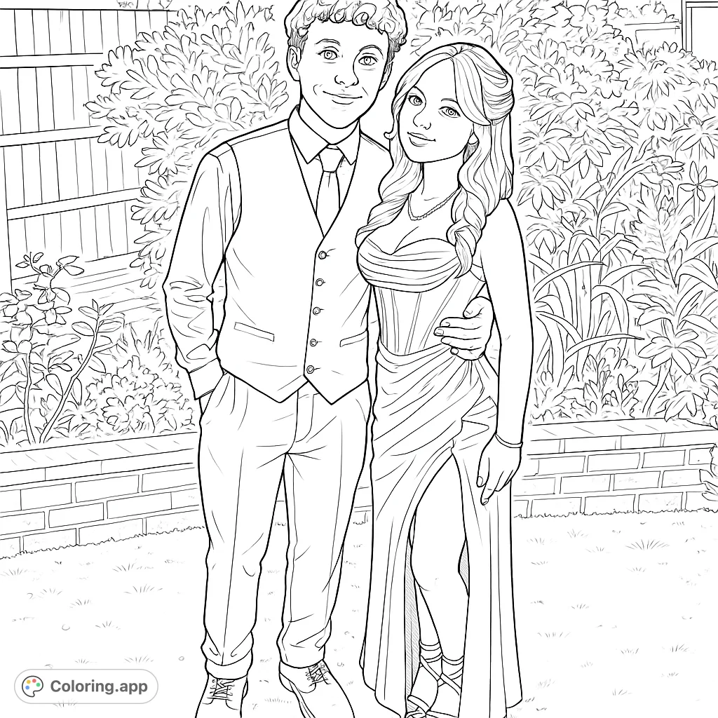 A formal couple stands embraced in a charming garden, perfect for a special occasion. Personalize their elegant attire and lush surroundings.