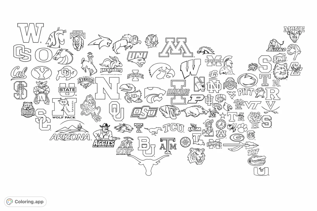 Explore a unique USA university emblems coloring page. This free printable coloring page features a map formed by diverse college logos, offering a fun challenge for all ages.