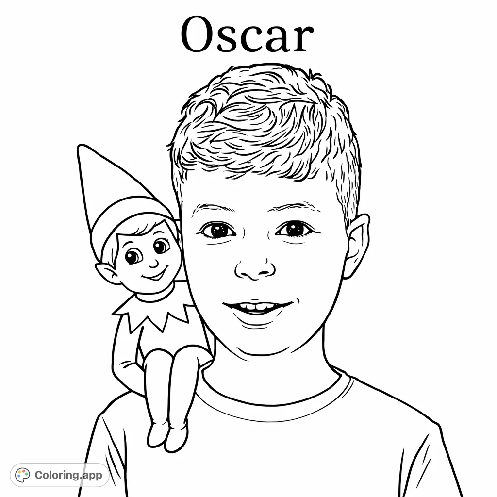 A delightful headshot coloring page featuring Oscar with a festive elf perched on his shoulder, perfect for holiday fun and personalization!