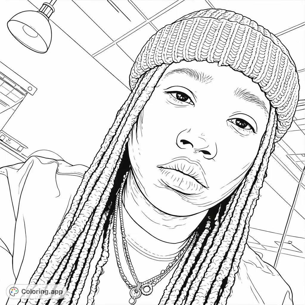 Capture the essence of a modern portrait featuring a person with a textured beanie, flowing dreadlocks, and layered necklaces against an urban background.