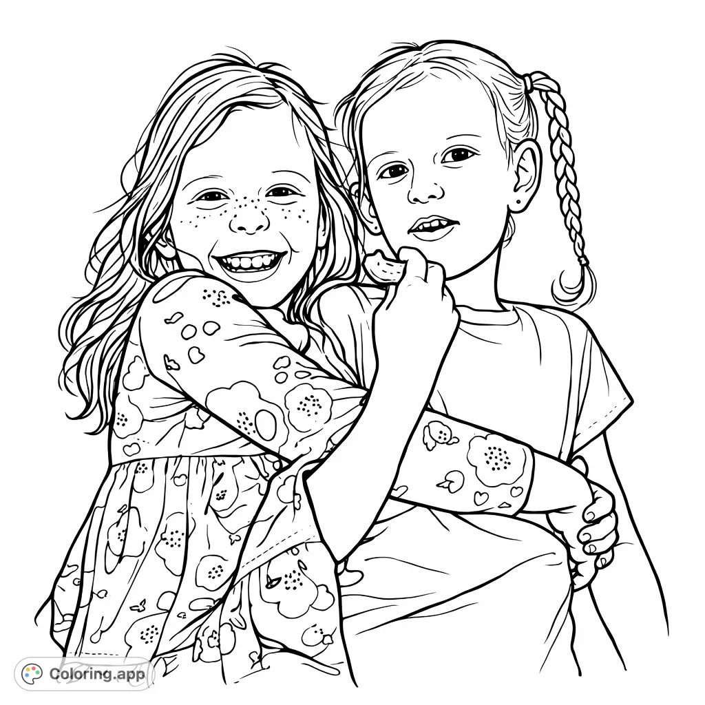 Capture the joy of childhood friendship with this delightful scene of two girls relaxing on a textured couch, perfect for creative expression.