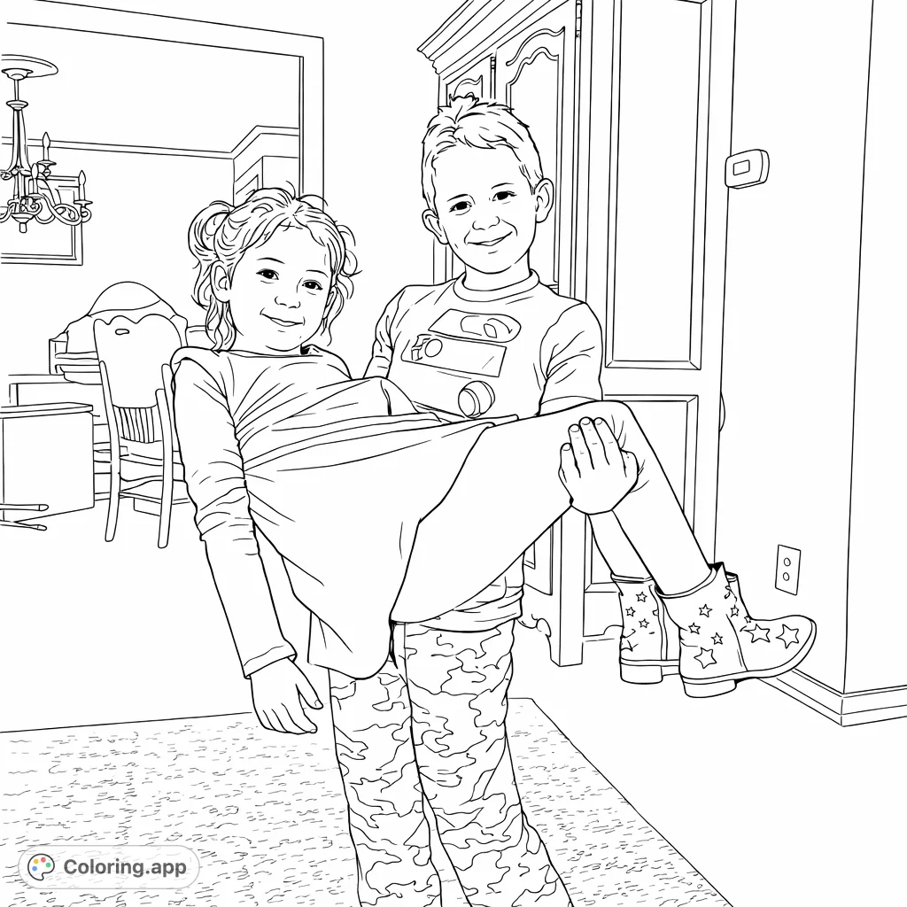 A cheerful children playing coloring page depicting two kids engaged in a playful lift, perfect for young artists to personalize and enjoy.
