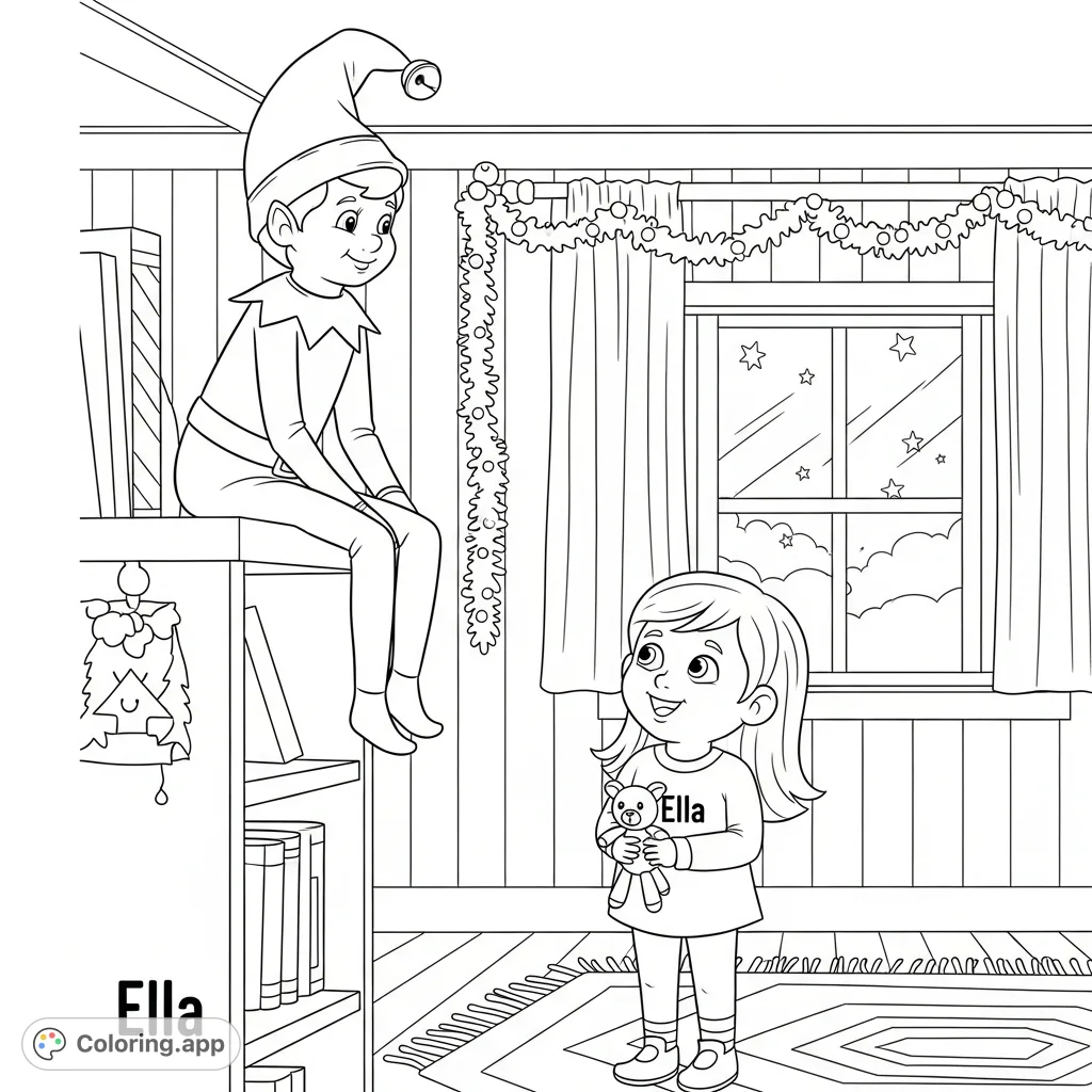 A delightful Elf on the Shelf watches over a curious girl named Ella in a cozy room, bringing festive cheer and encouraging imaginative storytelling for colorists.