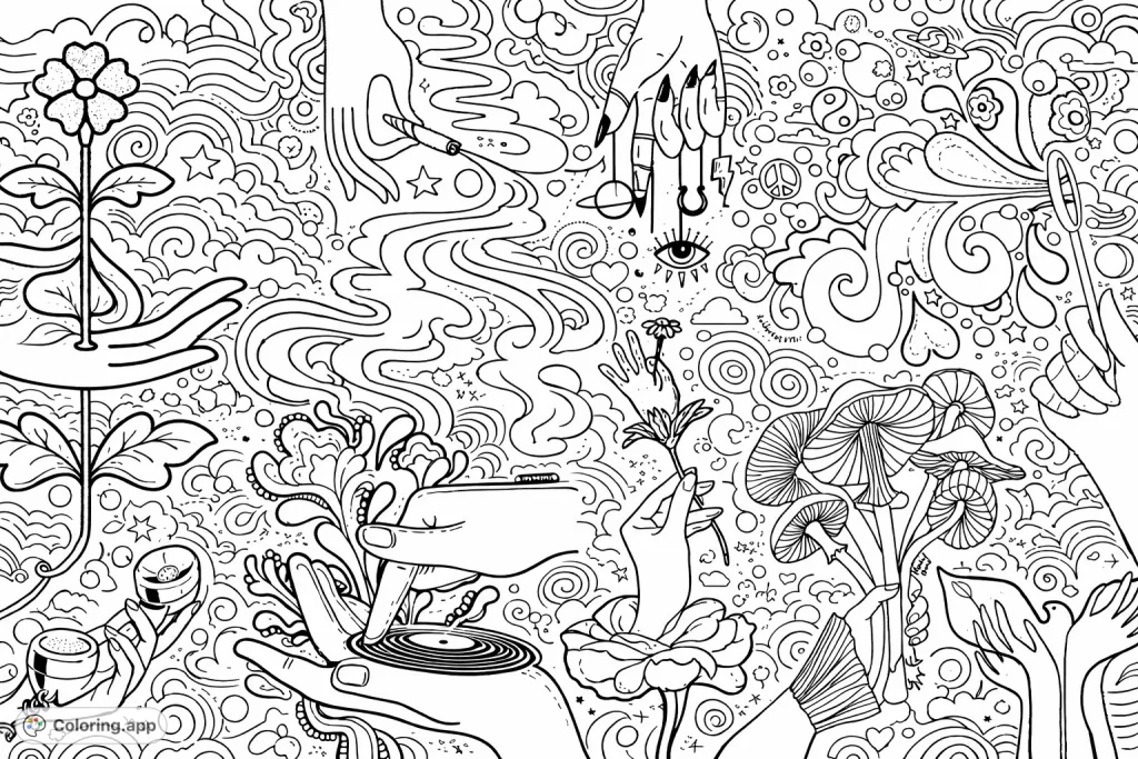 Explore a collection of hands interacting with whimsical objects and symbolic charms, set against a psychedelic background for a unique coloring adventure.