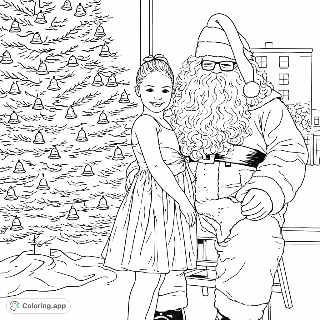 A heartwarming Christmas scene featuring a joyful girl with a cheerful festive figure next to a decorated tree. Perfect for holiday coloring fun!