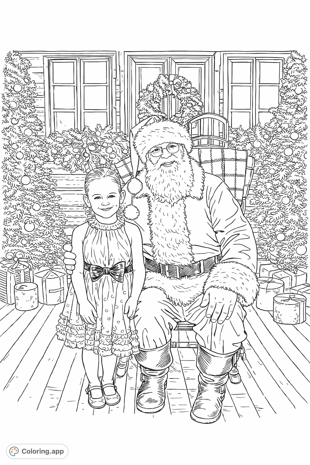 Capture the holiday spirit with this delightful Santa and girl coloring page. Features a classic Santa and a smiling girl in a festive cabin scene.