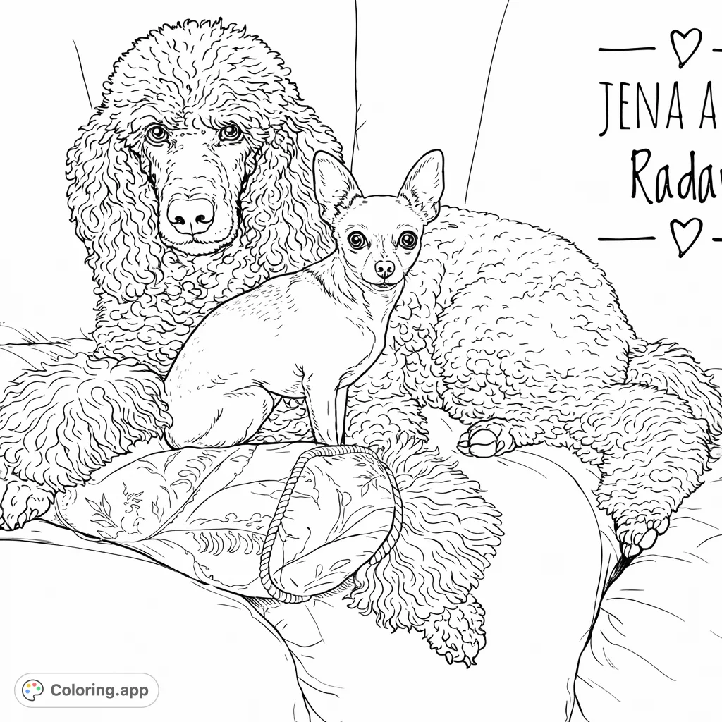 A charming scene featuring a majestic poodle and an alert chihuahua posing together on a comfy sofa. This cute dog coloring page is perfect for animal lovers!