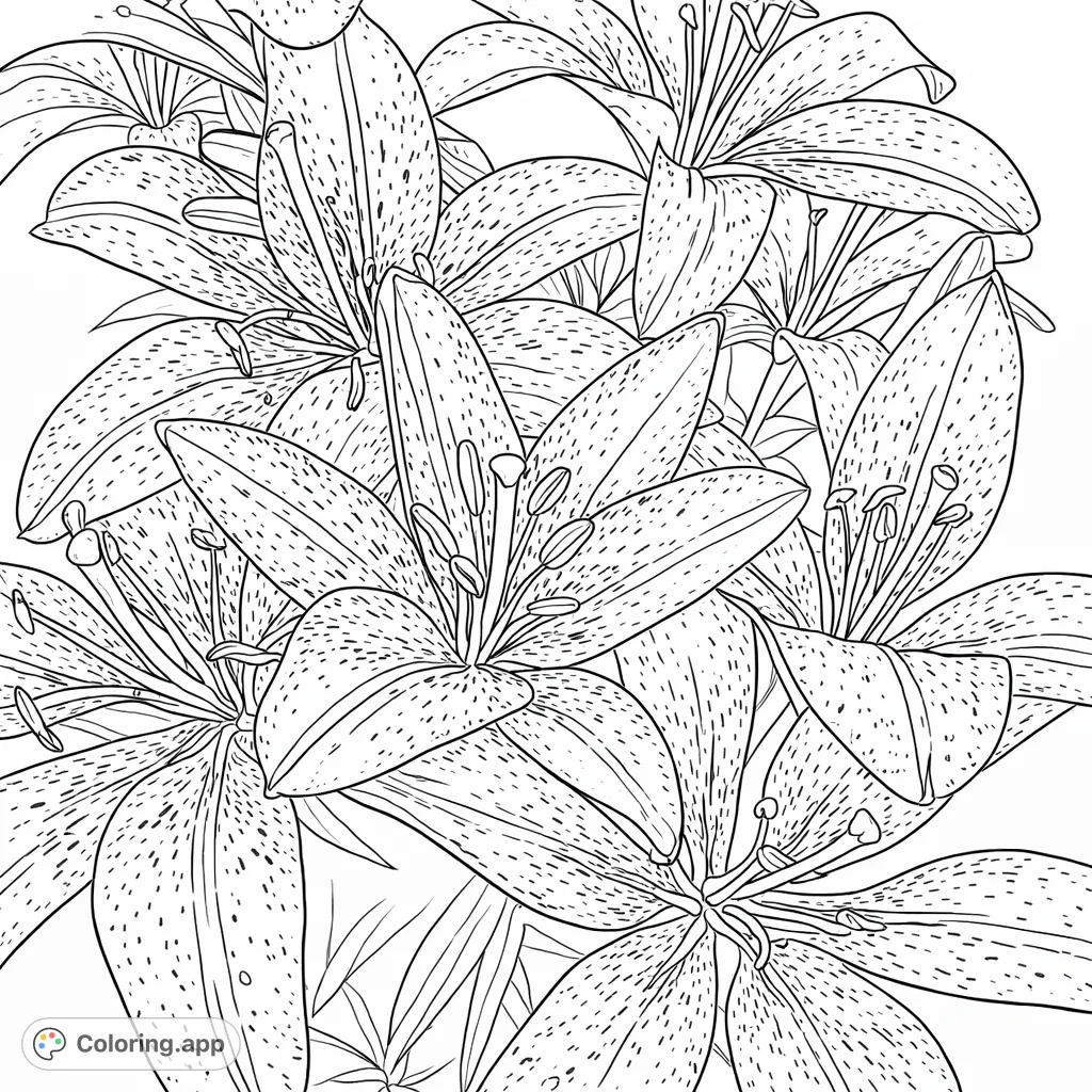 Capture the intricate beauty of speckled lily blooms in this detailed coloring page. Features delicate petals and unique patterns for a rewarding coloring experience.