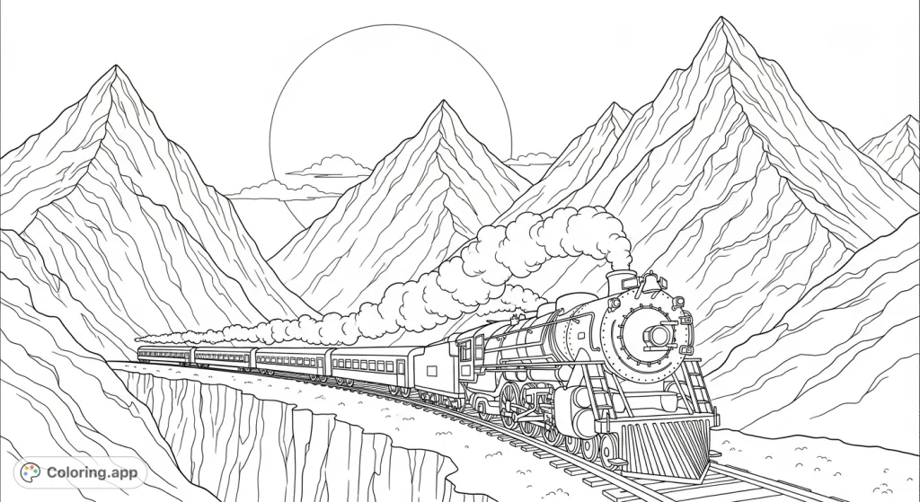 Embark on an epic journey with a powerful steam train winding through towering, detailed mountains under a grand sun. Perfect for a captivating coloring adventure.