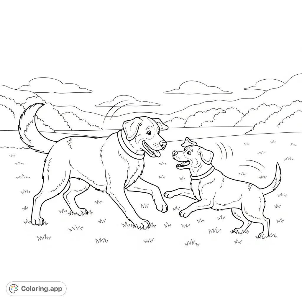 A delightful big dog coloring page featuring two happy canines playing in a grassy field, perfect for animal lovers and free printable coloring page enthusiasts.
