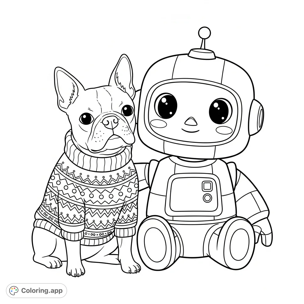 A charming Boston Terrier in a patterned Christmas sweater sits beside its cute robot owner. A heartwarming scene of unique companionship awaits your colors!
