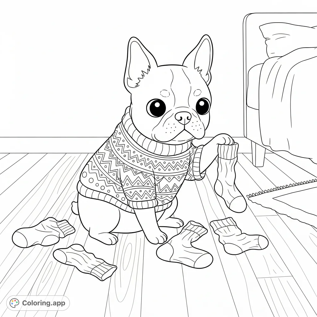 A charming kawaii Boston Terrier in a cozy sweater, playfully surrounded by socks on a bedroom floor. Perfect for dog lovers and cute art enthusiasts!