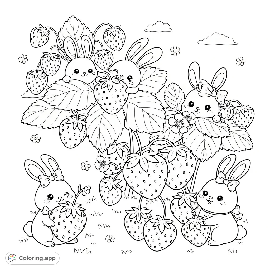 Adorable kawaii bunnies playfully interact with luscious strawberries in a charming, sweet scene. Perfect for delightful coloring, relaxation, and creative expression.