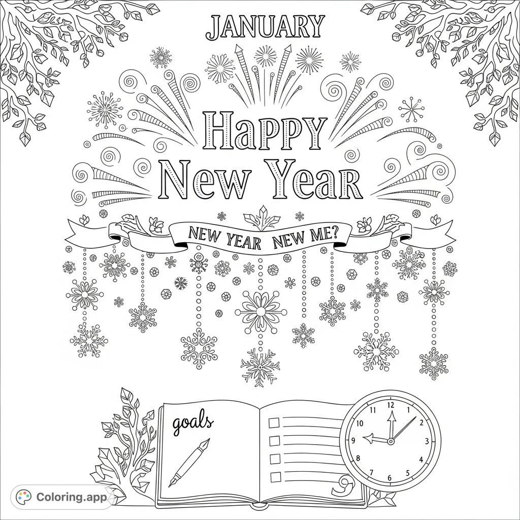 Celebrate January's start with an intricate New Year's page featuring 'Happy New Year,' fireworks, snowflakes, and goal-setting motifs. A perfect free printable coloring page.