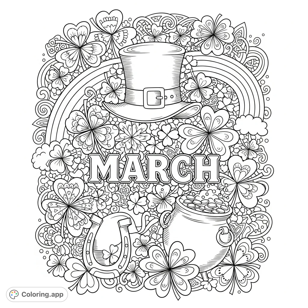 Celebrate March with an intricate St. Patrick's Day coloring page featuring shamrocks, luck symbols, and detailed patterns.