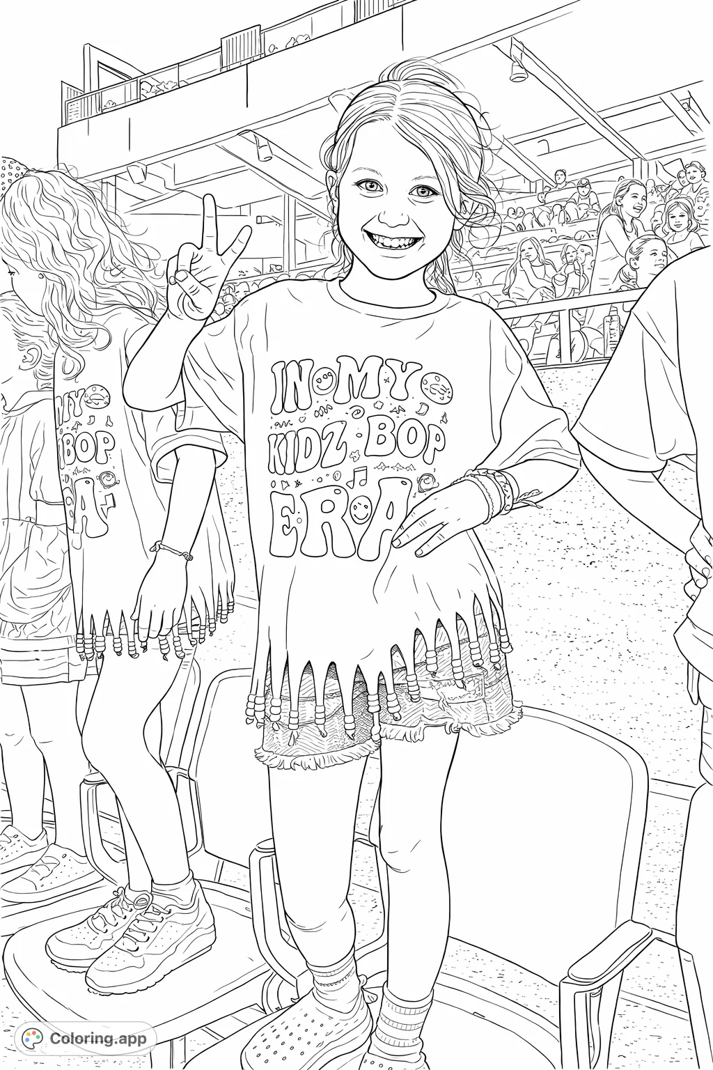 A cheerful girl at a concert, making a peace sign, wearing a fun beaded fringe shirt and denim shorts. Perfect for kids to color.