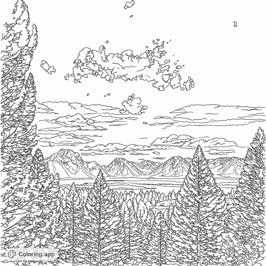 Capture the serene beauty of a panoramic mountain vista with dense forests, a tranquil lake, and majestic peaks under a cloud-filled sky.