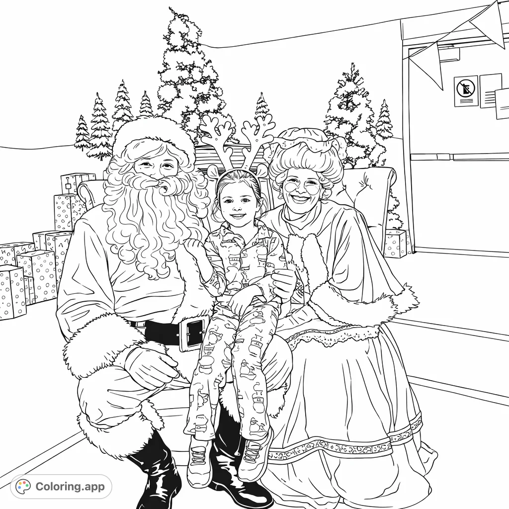 A heartwarming Christmas scene with Santa, Mrs. Claus, and a smiling child on Santa's lap, surrounded by festive trees and gift boxes.