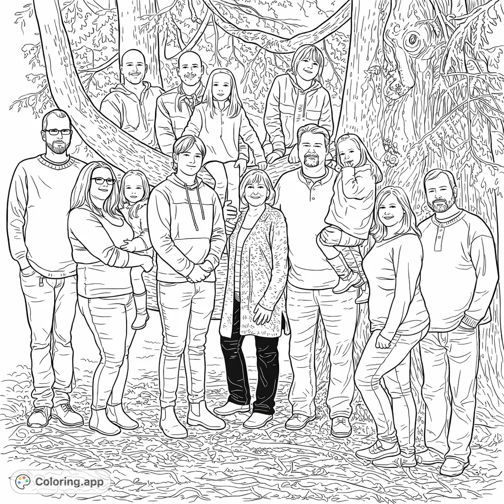 Celebrate family bonds with this heartwarming coloring page. A large family gathers for a portrait under a majestic tree, perfect for all ages to personalize.