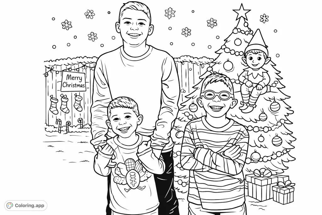 A delightful Christmas brothers coloring page featuring four cheerful boys amidst a festive Christmas tree with an Elf on the Shelf. Perfect for holiday fun!