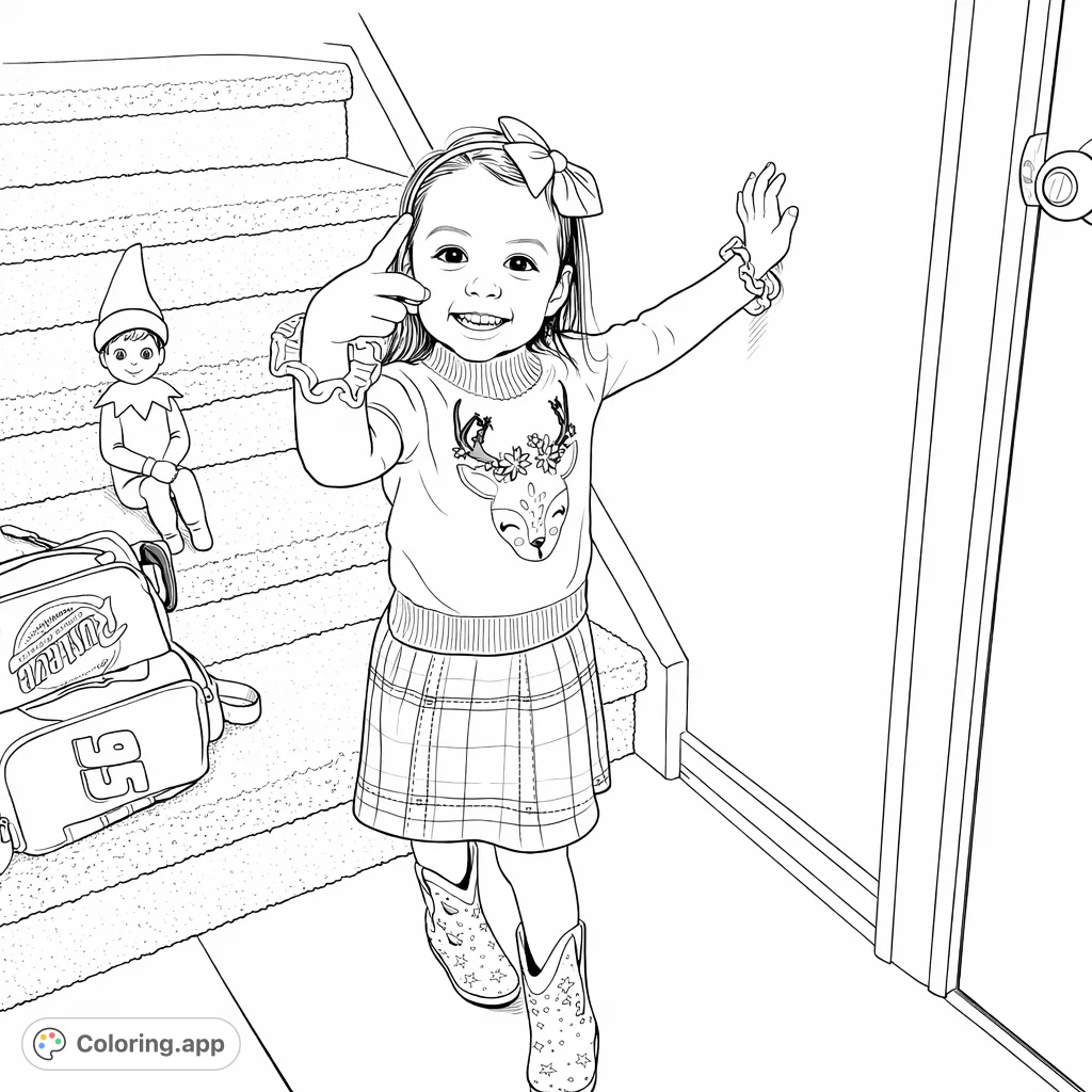 A joyful child in a deer sweater and plaid skirt smiles, pointing. An elf on the shelf and a backpack complete this festive child coloring page.