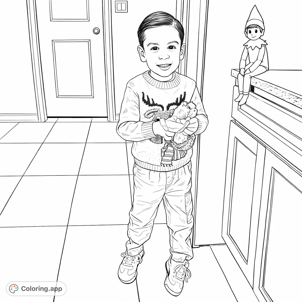 A charming boy in a reindeer sweater stands with a festive elf, cereal, and a plush toy. A delightful scene for a holiday coloring page, perfect for kids!
