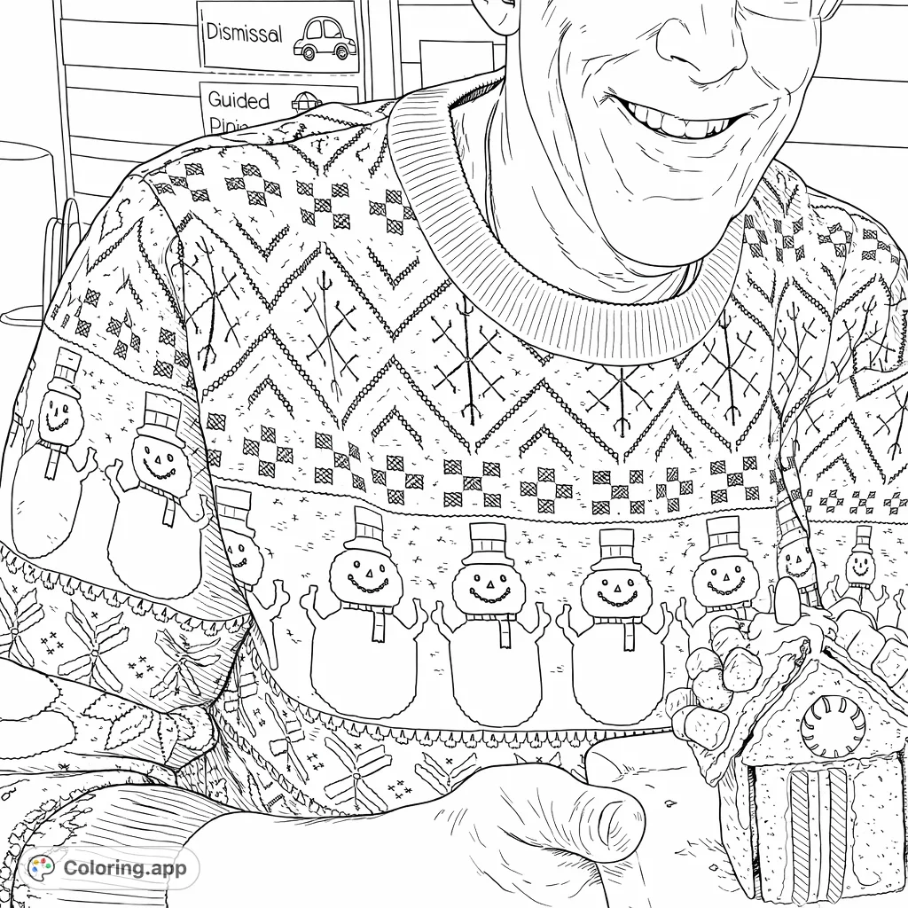 A cheerful person in a festive patterned sweater holds a delightful miniature house adorned with various candies, perfect for detailed holiday coloring fun.