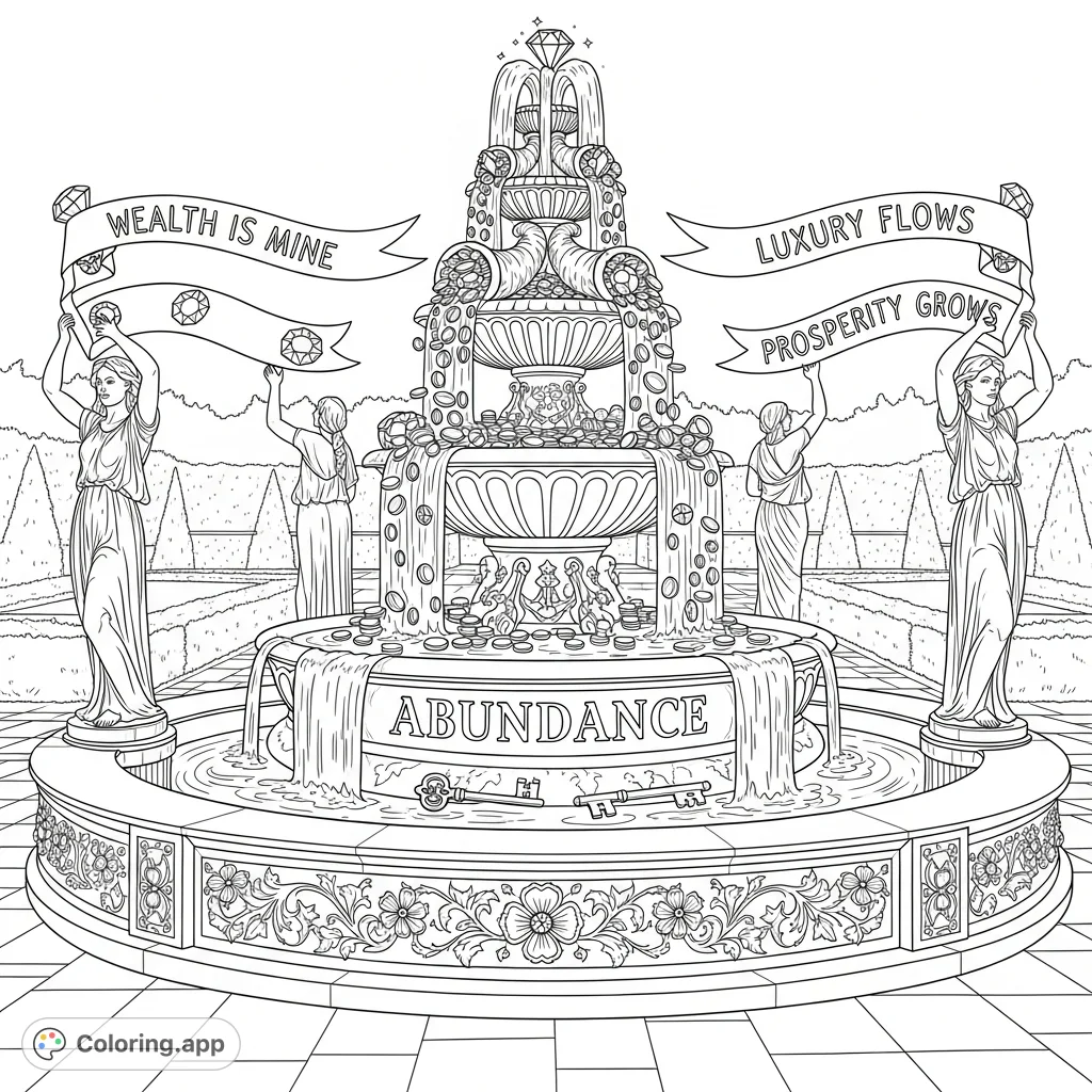 A magnificent, multi-tiered fountain carved with "ABUNDANCE" overflows with coins and gems. Sculpted figures display prosperity banners in a serene garden.
