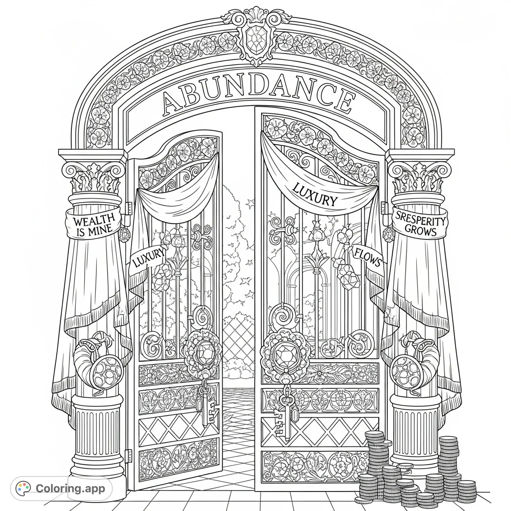 Discover a magnificent gate adorned with intricate floral ironwork, geometric panels, sparkling gems, and affirmations of abundance. A detailed visual.