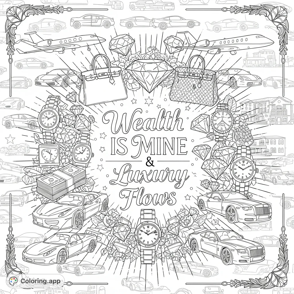 A lavish display of luxury items surrounding powerful affirmations 'Wealth is Mine' and 'Luxury Flows,' framed by elegant floral patterns. A sophisticated abundance coloring page.