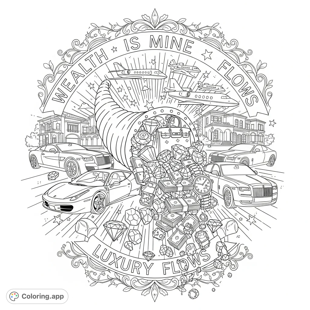 Discover a stylized cornucopia overflowing with luxury, featuring Hermes Birkins, Rolex watches, Ferraris, and jets, framed by elegant floral motifs.
