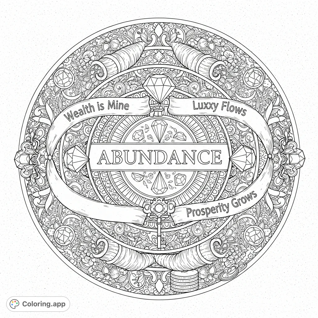 Unfold a complex abundance mandala with affirmations, floral motifs, geometric patterns, cornucopias, gems, and coins. A powerful visual for prosperity.