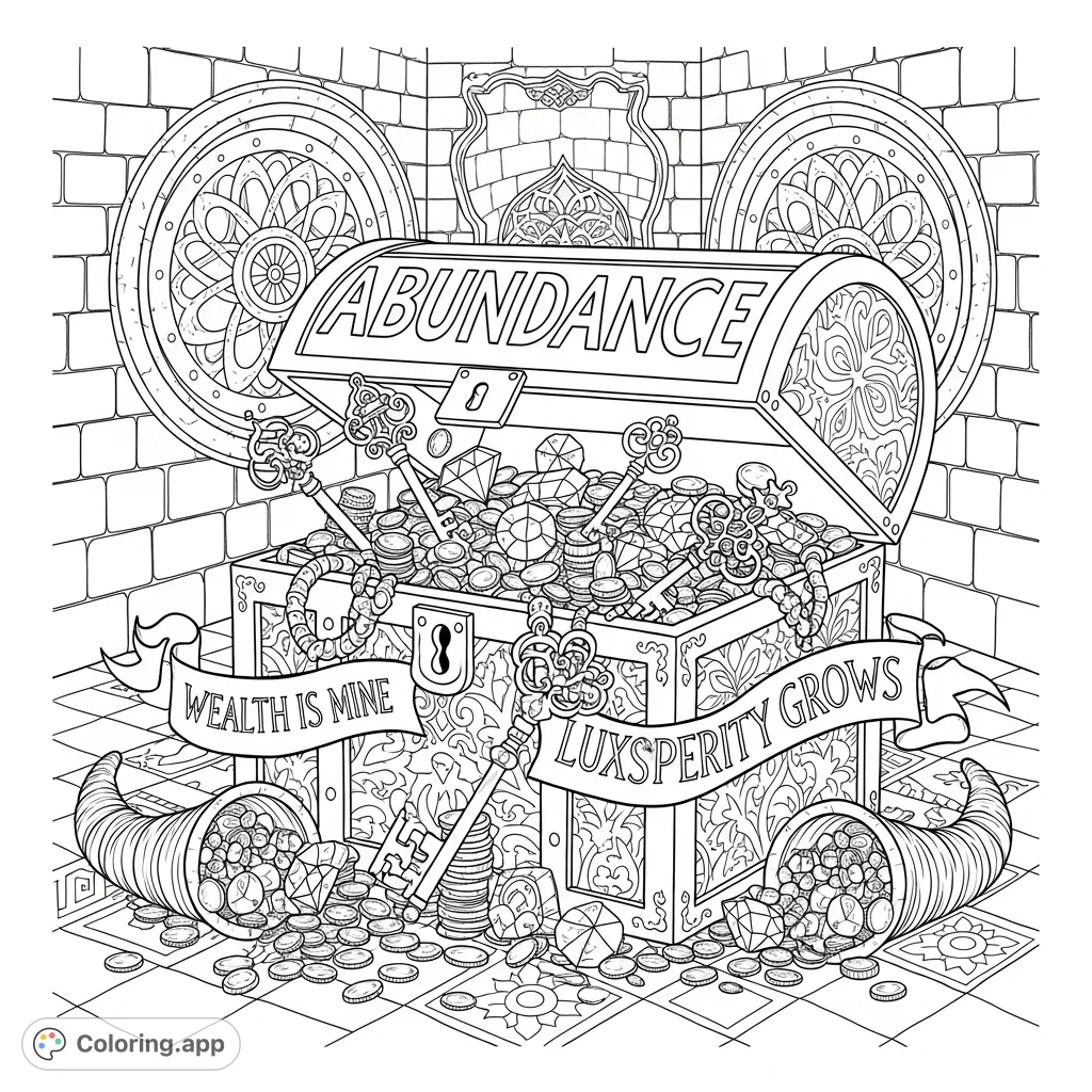 Discover a colossal treasure chest overflowing with coins, gems, and ornate keys in an ancient vault. Intricate carvings and empowering messages await your creative touch.