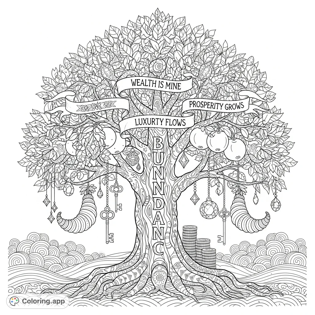 Discover a majestic Tree of Life adorned with symbols of prosperity. Intricate floral and geometric patterns create a captivating scene of abundance and growth.