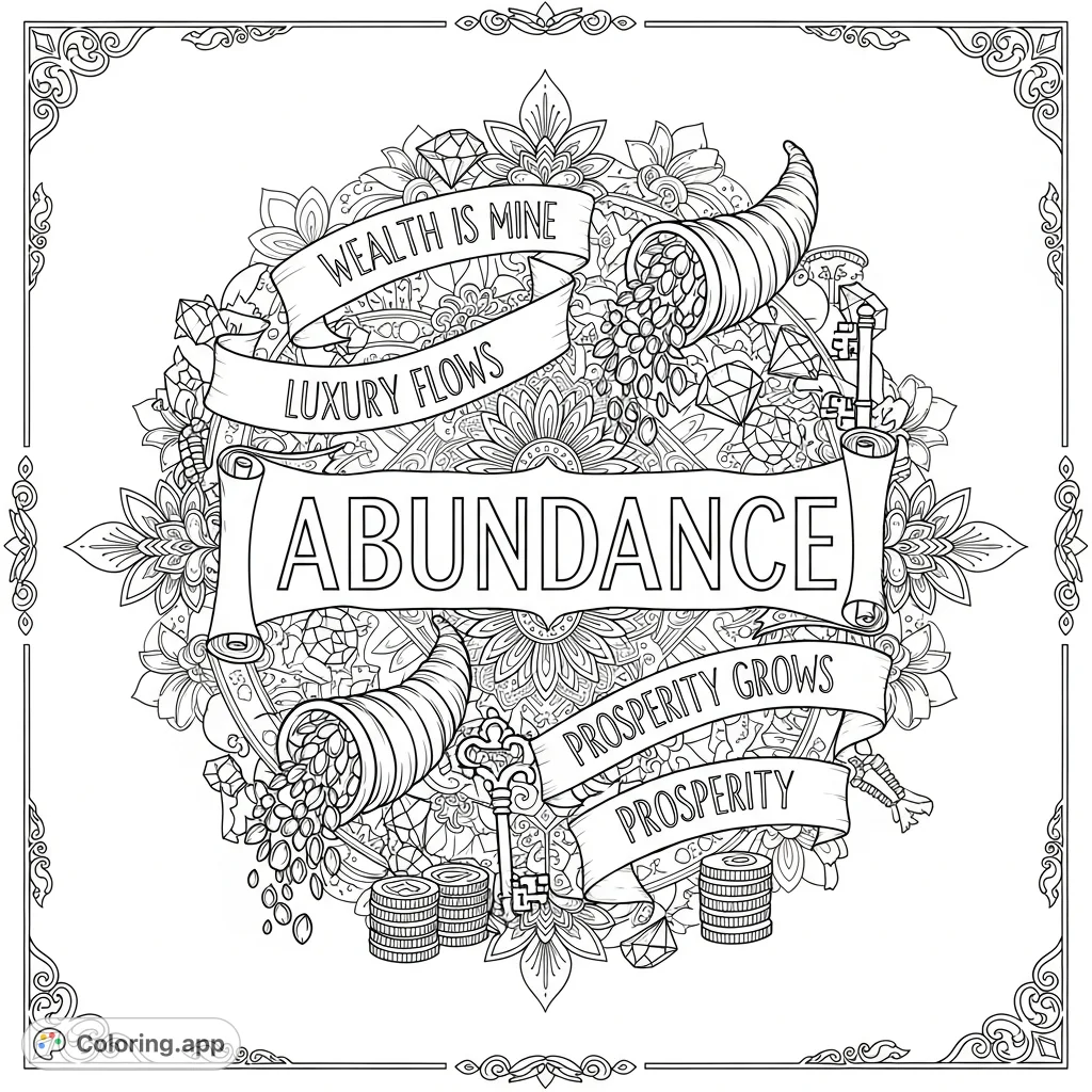 Discover a luxurious coloring page filled with intricate designs, symbols of wealth, and positive affirmations for abundance and prosperity. Perfect for mindful coloring.