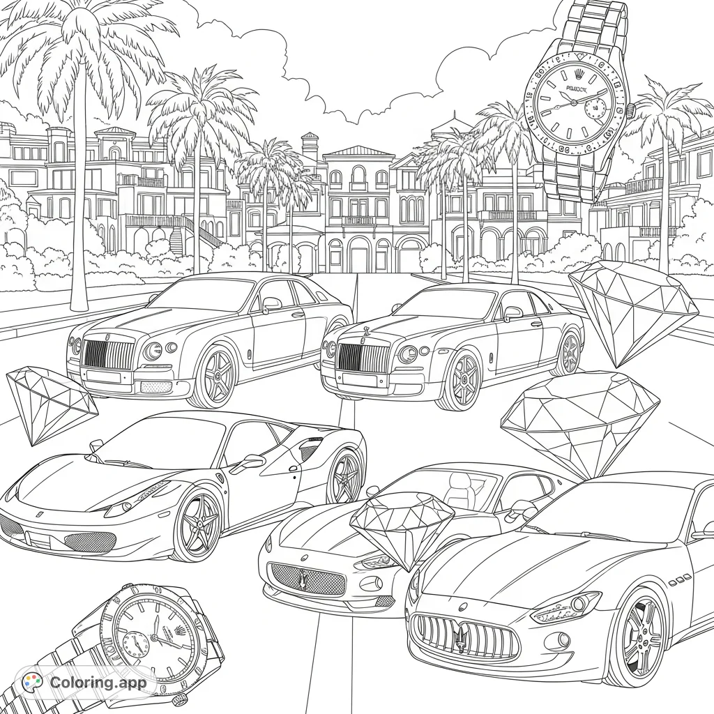 A lavish Beverly Hills street scene featuring sleek luxury automobiles, grand mansions, and symbols of wealth like diamonds and Rolex watches. An opulent dreamscape.