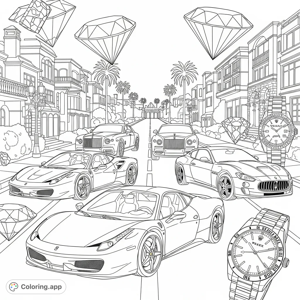 Experience luxury with this Beverly Hills coloring page featuring Ferrari, Rolls Royce, Bentley, Maserati, diamonds, and Rolex watches. A free printable for adults seeking abundance.