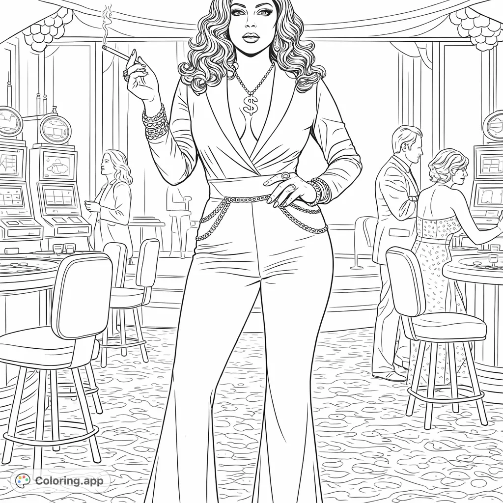 An elegant woman in a stylish jumpsuit, adorned with opulent jewelry, stands confidently amidst the bustling atmosphere of a sophisticated casino.