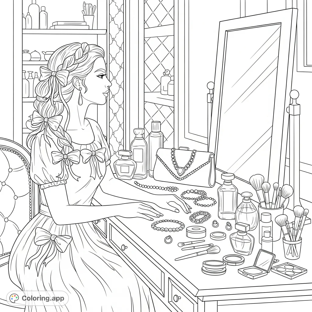 Glamorous woman at her vanity, surrounded by makeup, perfume, jewelry, and bows. A perfect dressing room coloring page for fashionistas.