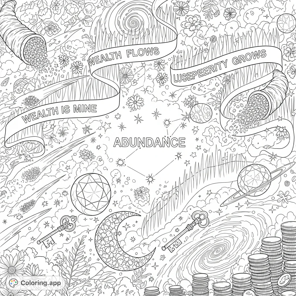Explore a celestial tapestry of abundance, featuring glowing affirmations, intricate patterns, and cosmic elements like gems, keys, and coins.
