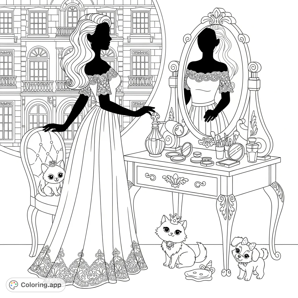 A gorgeous woman gets ready for an elegant evening, putting on a beautiful, intricately patterned gown, surrounded by makeup and a flowing hairstyle.