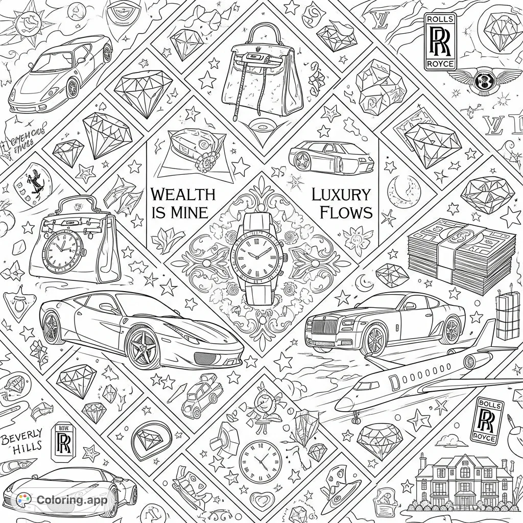 Experience the allure of a luxury wealth coloring page. This intricate design features geometric compartments filled with gems, designer bags, watches, cars, and private jets, accented by empowering affirmations.