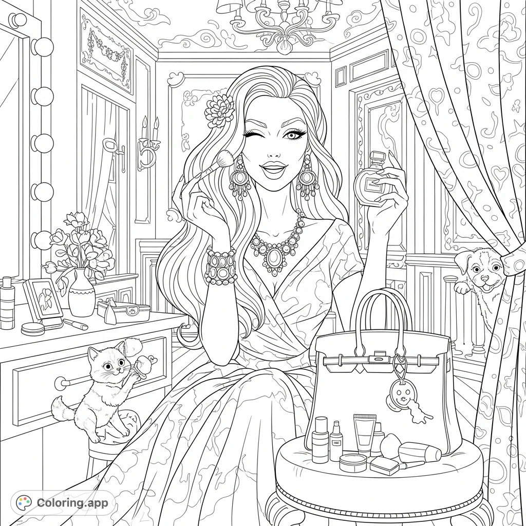 An elegant woman prepares for an evening out, surrounded by luxurious count jewelry, makeup, and a Birkin bag in her dressing room. A sophisticated coloring page.