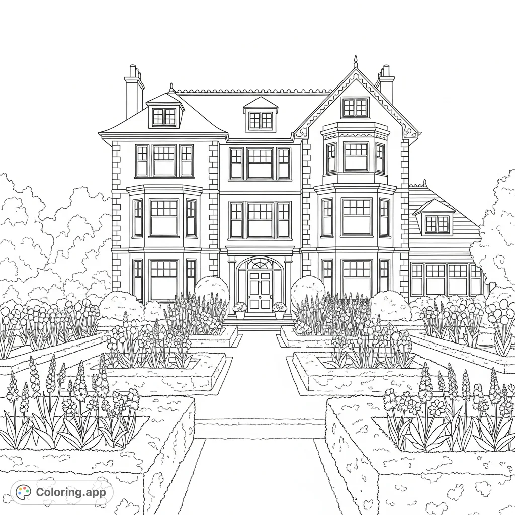 Color a charming big house with an expansive garden filled with various blooming flowers. A delightful scene for big house coloring page enthusiasts of all ages.