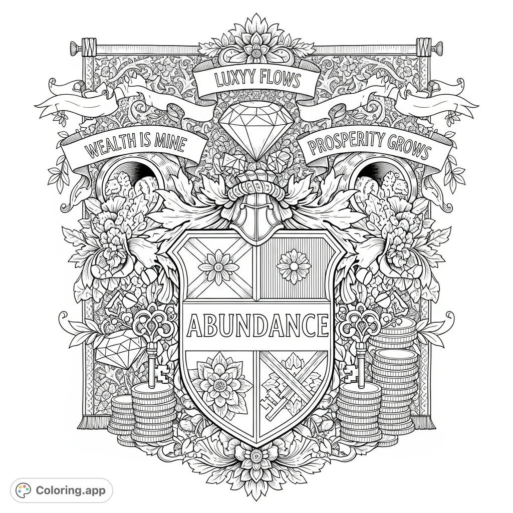 An intricate heraldic shield, emblazoned with "ABUNDANCE" and surrounded by ornate floral and geometric patterns, symbols of prosperity, and inspiring banners.