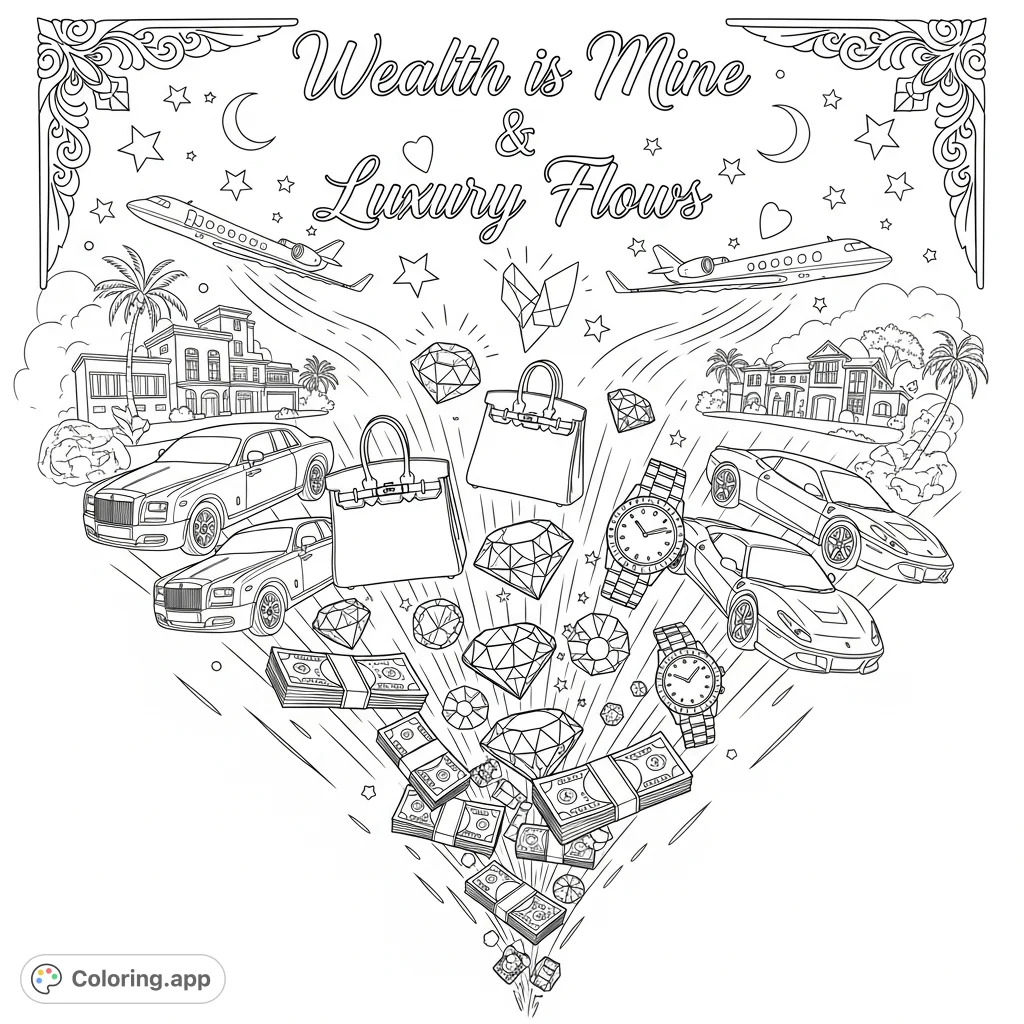 Experience a dynamic flow of luxury. Faceted gems, designer bags, and premium watches cascade alongside affirmations of wealth, framed by sleek cars and soaring jets.