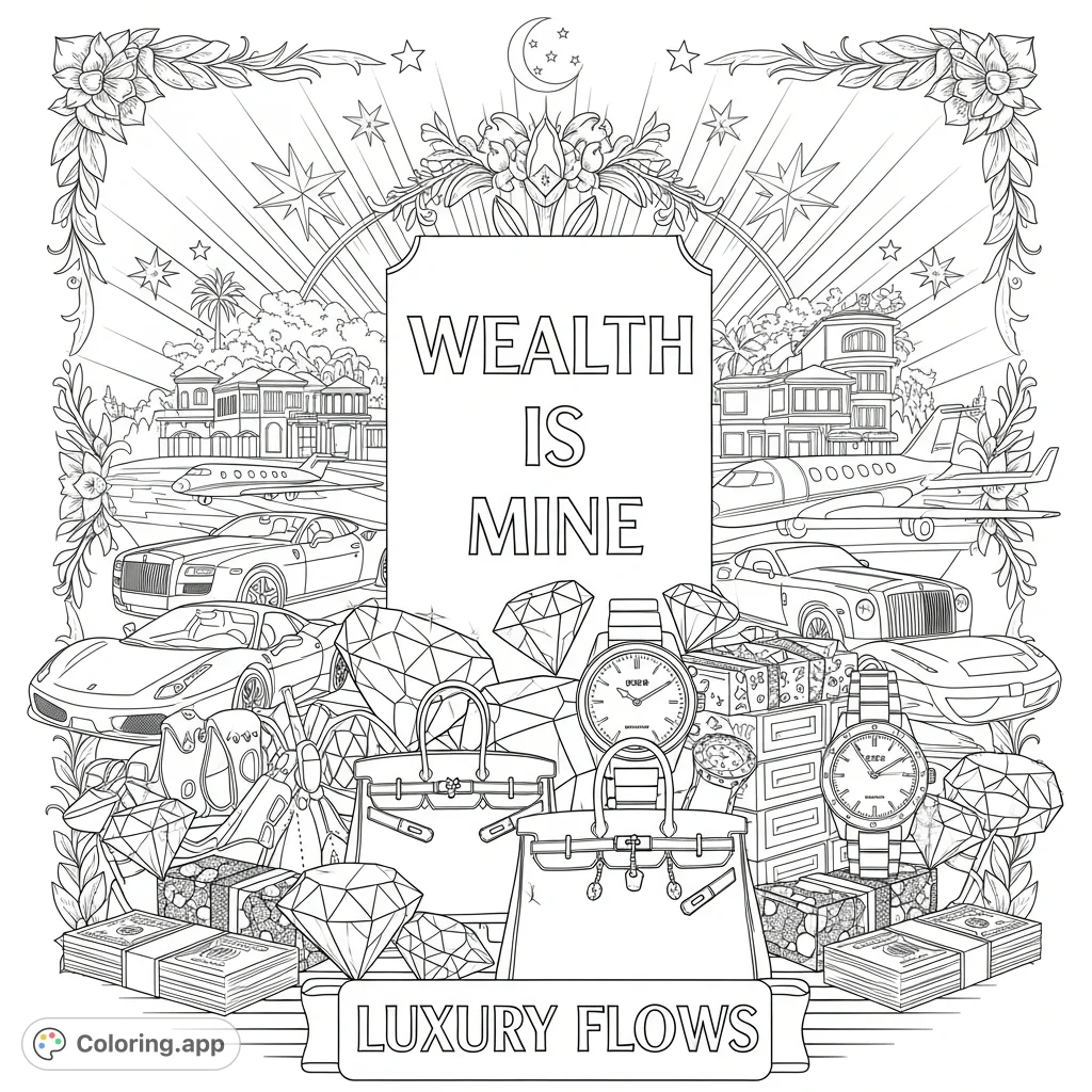 A lavish coloring page featuring "Wealth is Mine" and "Luxury Flows" inscriptions, surrounded by gems, designer bags, luxury watches, and premium vehicles.