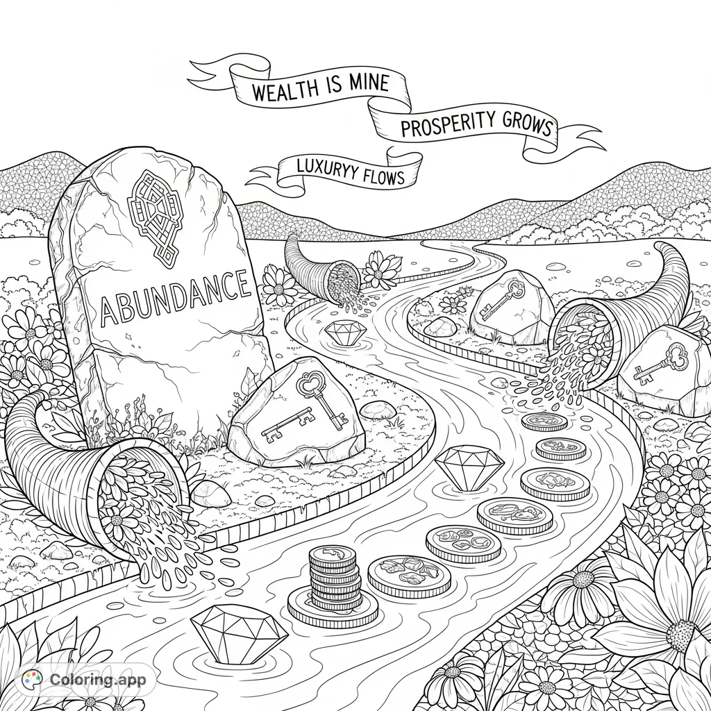 Explore an ornate river of prosperity flowing through a lavish landscape, adorned with gems, coins, and powerful affirmations. A detailed abundance coloring page.