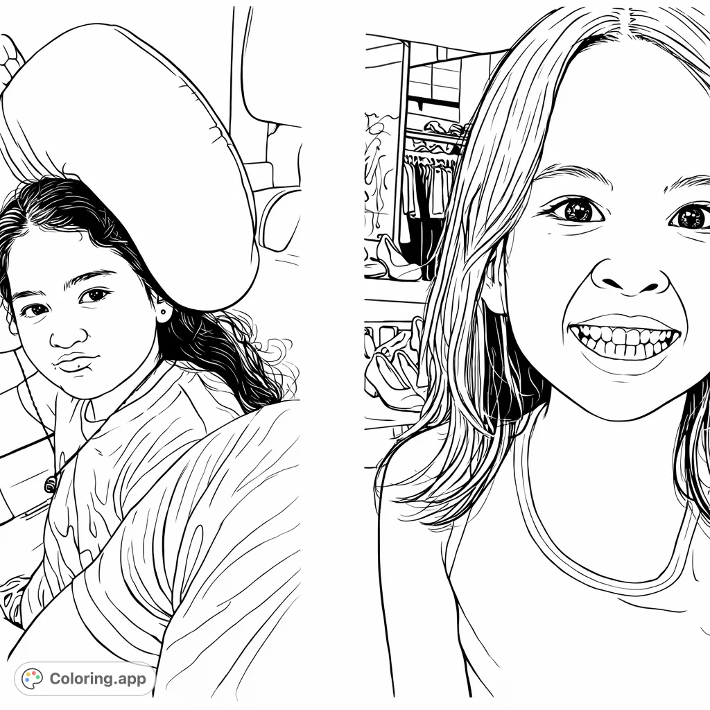 Capture the charm of childhood with two expressive girls: one playfully pouting in a car, the other flashing a wide, mischievous grin in a store.